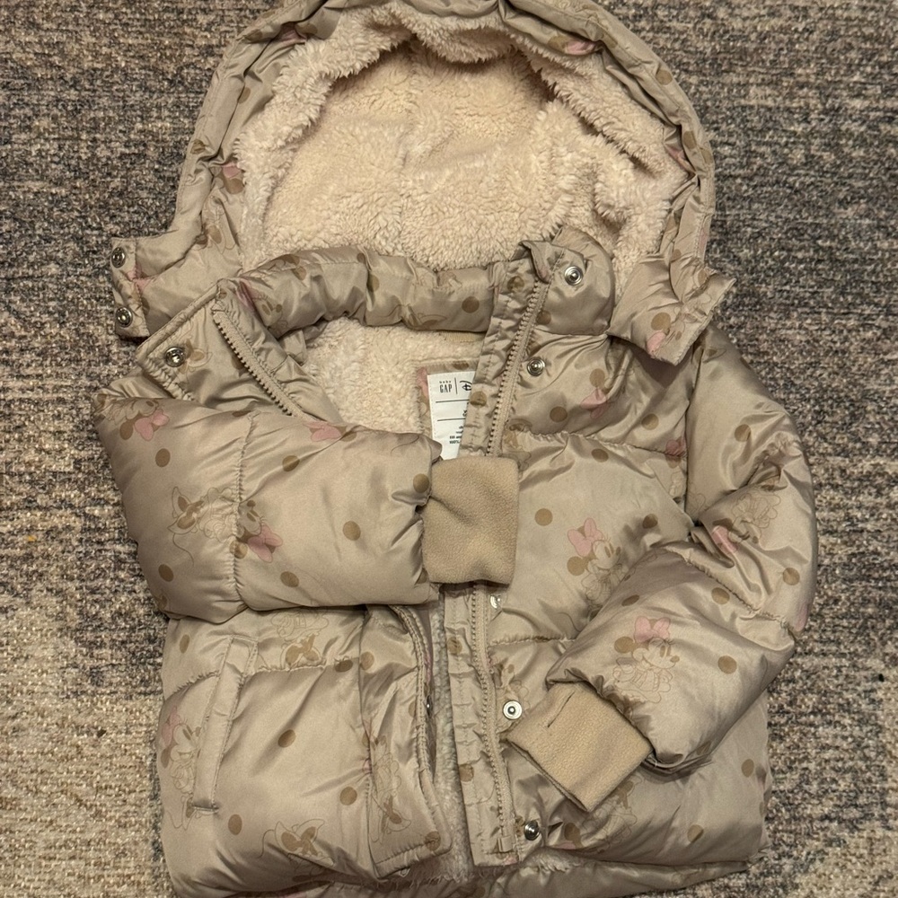 GAP 3T Beige Puffer Jacket with Hood- Minnie Mouse